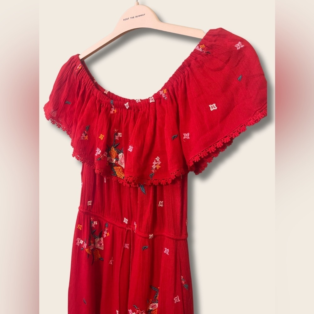 Small Red Floral Embroidered Lost + Wander Off the Shoulder Midi Dress